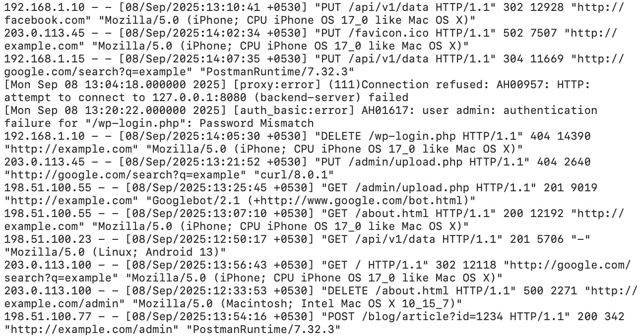 Example of a raw server access log file showing IP addresses, timestamps, and HTTP requests